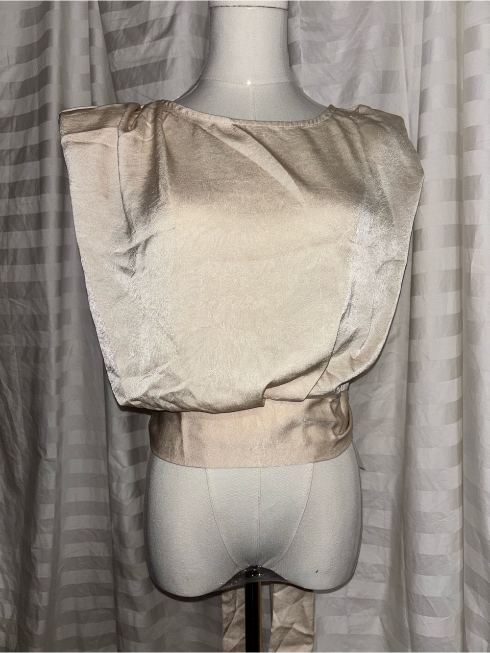 Cider Satin Cap-Sleeve Blouse in Champagne Beige Med NWT